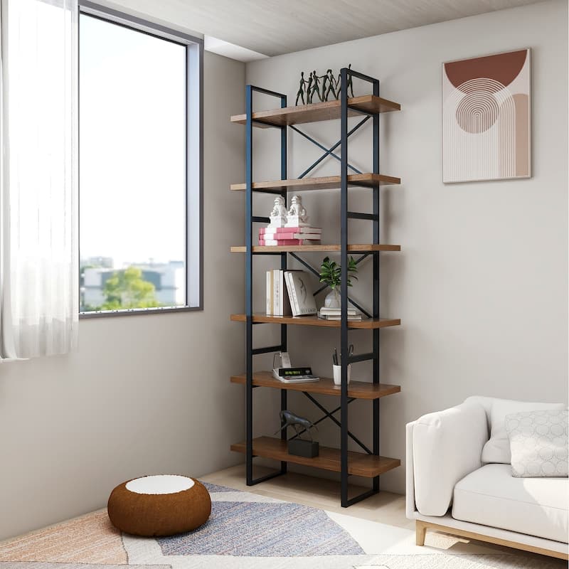 6-tier etagered walnut shelf bookcase with black metal frame - 35.43*12.5*85 inches