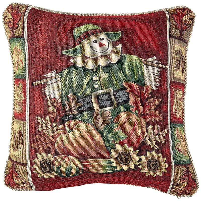 Violet Linen Fall Harvest Thanksgiving Autumn Leaves Sunflowers Fruits Pumpkins Tapestry Pattern Decorative Throw Pillow - Scarecrow