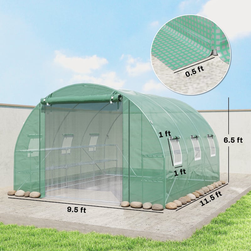 Outsunny 10'x11'x6' Walk-in Tunnel Greenhouse with Shelves, Mesh Door and Windows, Hoop House Greenhouse with PE Cover