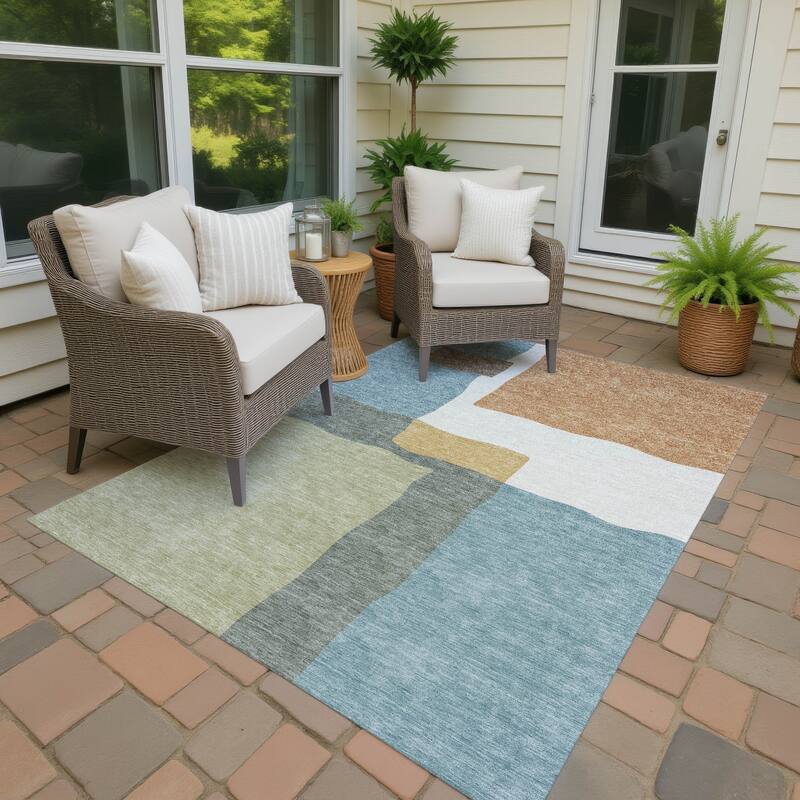 Machine Washable Indoor/ Outdoor Contemporary Blox Chantille Rug - Seafoam - 5' x 7'6"