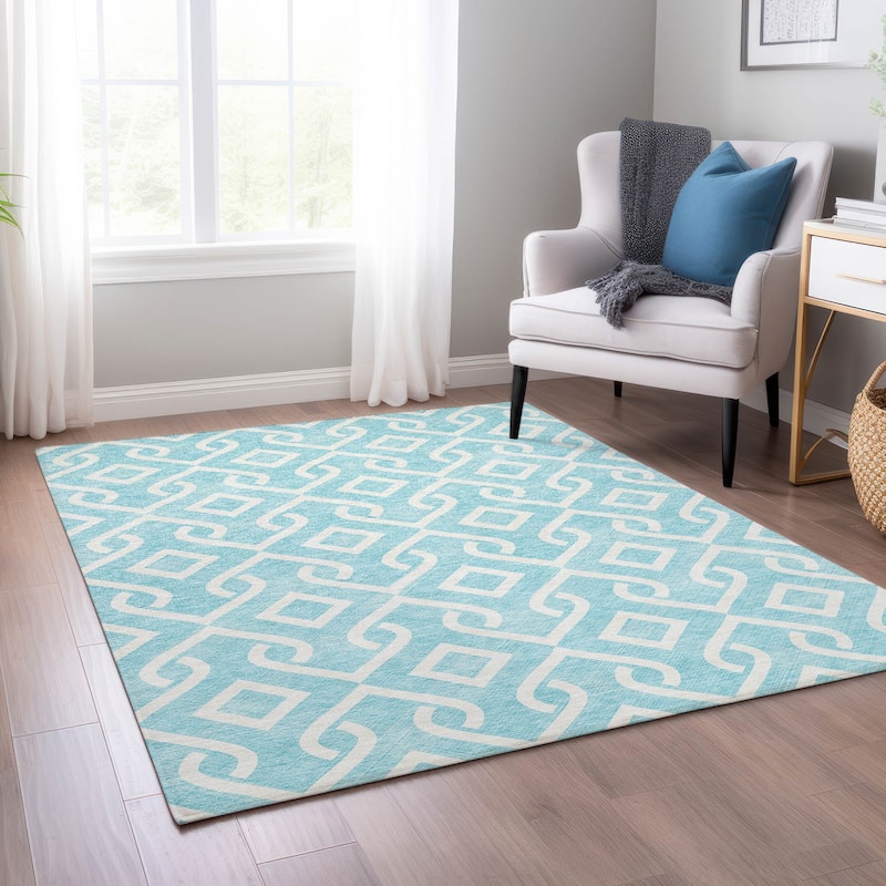 Machine Washable Indoor/ Outdoor Chantille Trellis Scroll Rug - Aqua - 8' x 10'