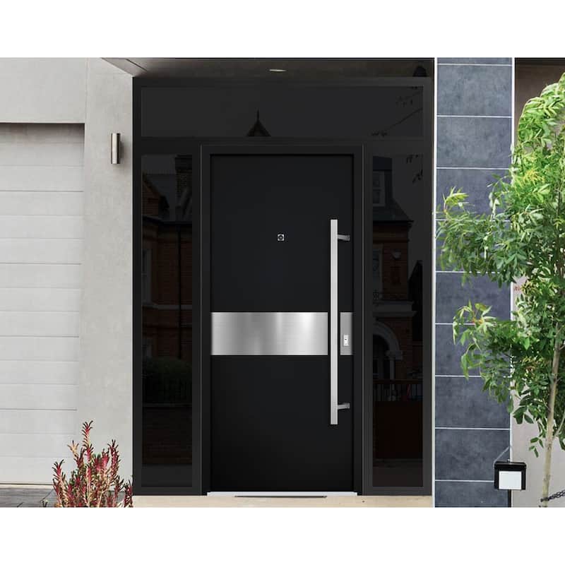Front Prehung Steel Door 6072 Black Enamel Side and Top Window Sidelite W36+14xH80+16 Lh I Bedroom Door Bathroom Door