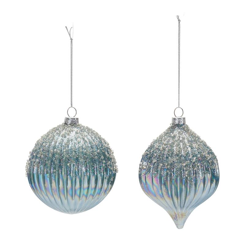 Set of 6 Beaded Iridescent Glass Christmas Ball & Onion Ornaments 5.5"