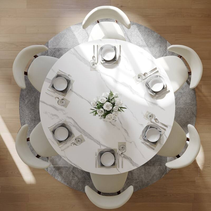 Modern Round Dining Table for Diningroom，White Glossy Stone Tabletop,Bronze Carbon Pedestal