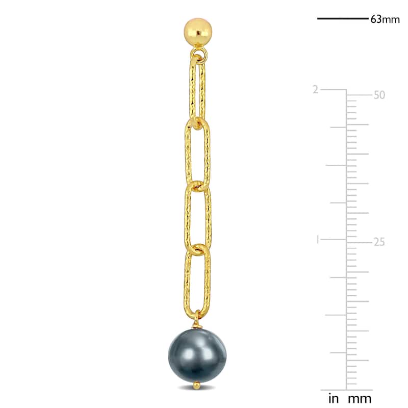 Miadora 9-10mm Dyed Grey Cultured Freshwater Pearl Oval Link Earrings in Yellow Silver