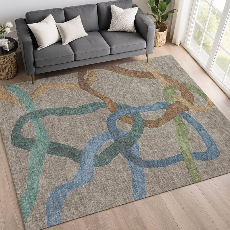 Machine Washable Indoor/ Outdoor Abstract Links Chantille Rug