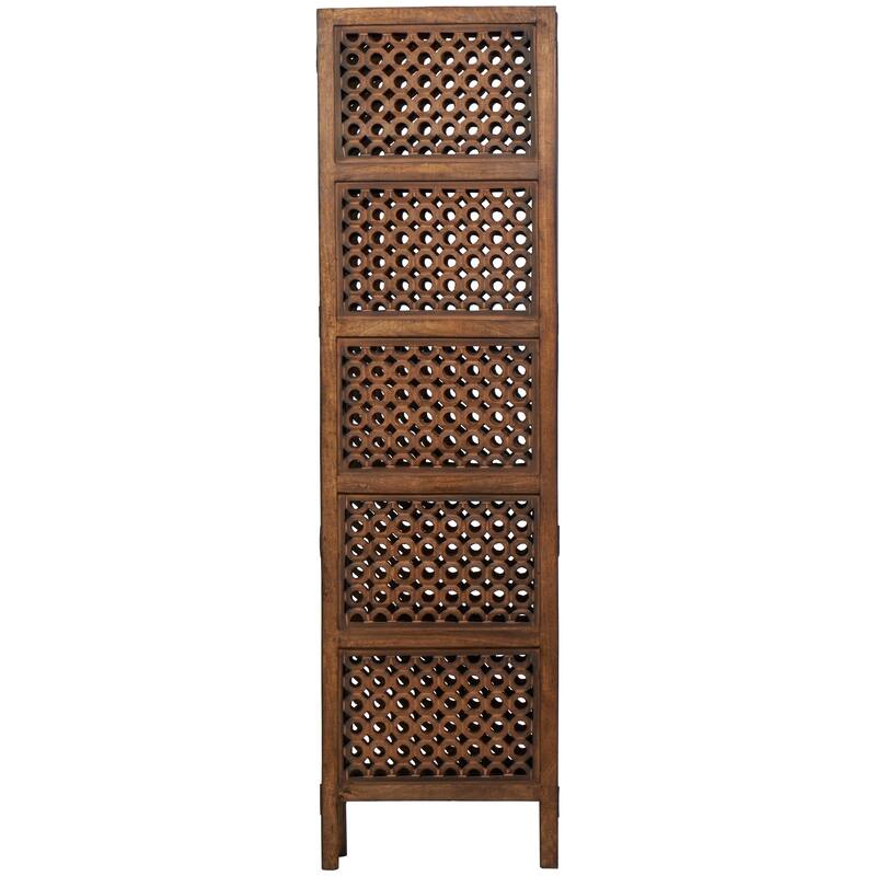 Brown Wooden Handmade Hinged Foldable Partition 4 Panel Floral Partition Room Divider Screen with Intricately Carved Designs