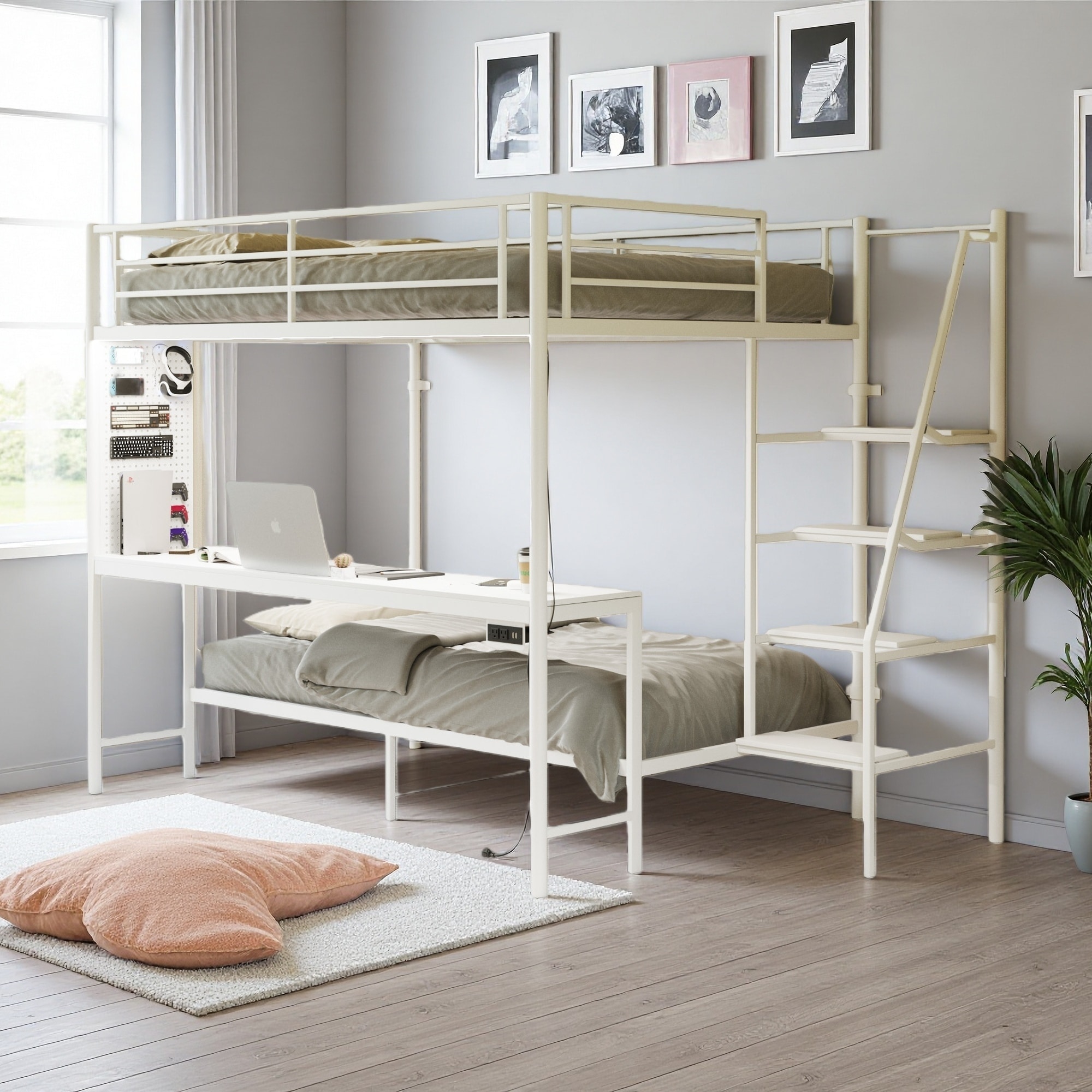 Full Size Metal Loft Bed with Twin Bunk, RGB LED Lights, Charging Socket, Desk, and Storage Stairs