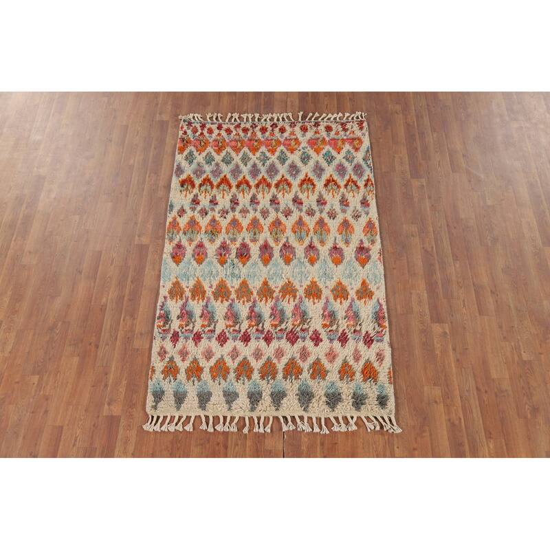 Hand Knotted Oriental 100% Wool Carpet Modern All-Over Beige & Ivories Moroccan Runner Rug - 6' 6'' X 3' 3''