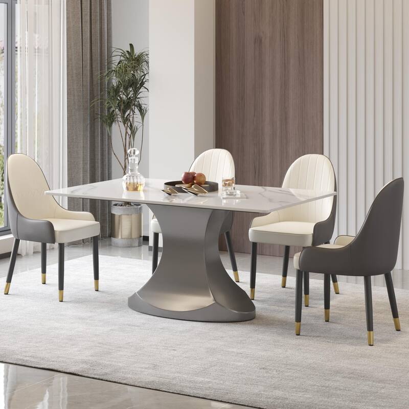 Rectangular Dining Table, Faux Marble Kitchen Dining Table with Grey Pedestal.