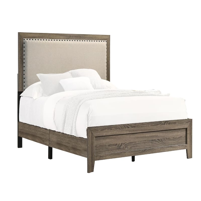 Shannon Twin Panel Bed with Nailhead Trim, Ivory Fabric, Gray Wood