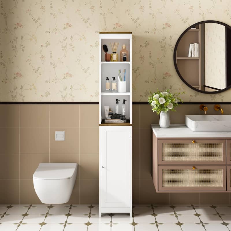 Anmytek Tall Bathroom Storage Cabinet with Reversible Door White Narrow Linen Tower Floor Organizer for Small Spaces