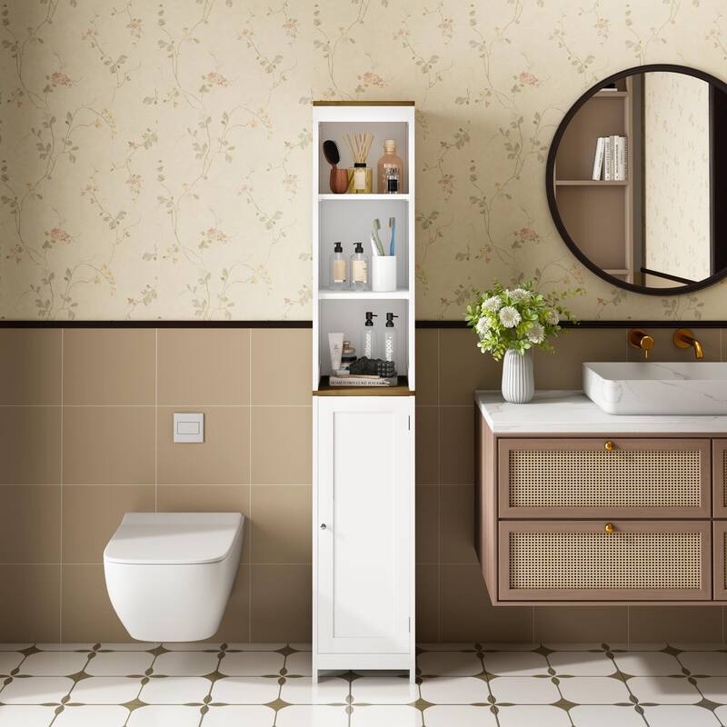 Tall Bathroom Storage Cabinet with Reversible Door, Freestanding Linen Tower with Open Shelves and Enclosed Cabinet