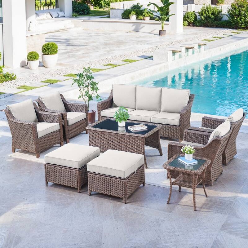 Outdoor Sofa Chair Table & Swive Chail with Ottoman - Beige - Brown