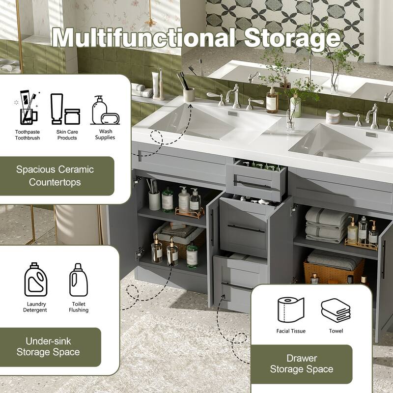 59" Double Sink Bathroom Vanity with SMC Top, Solid Wood Frame & Soft Close Doors, Gray Storage Cabinet