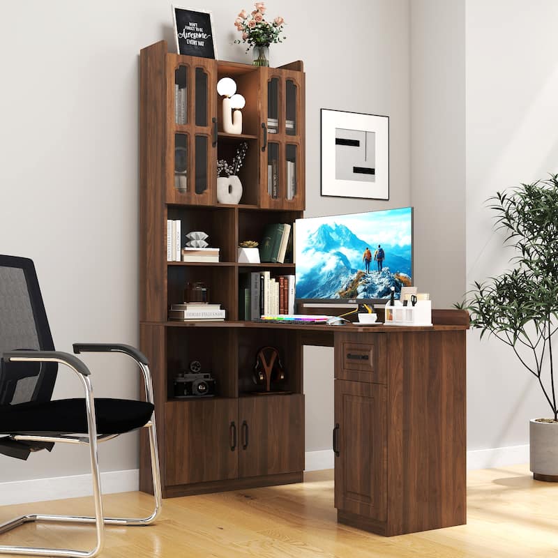 L-Shaped Corner Computer Desk,Study Modern Style Table With Drawers,Bookshelf & Hutch,2-In-1 L-Shaped Design