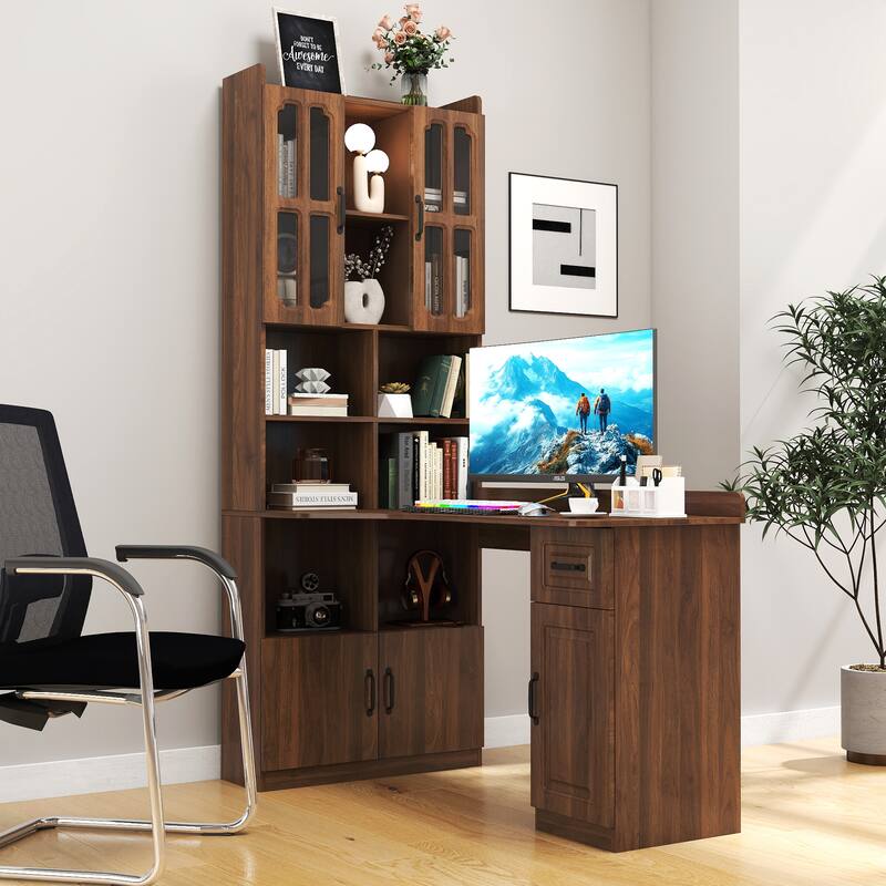 L-Shaped Corner Computer Desk for Home Office or Study desk, Study Modern Style Table with Drawers, Bookshelf & Hutch