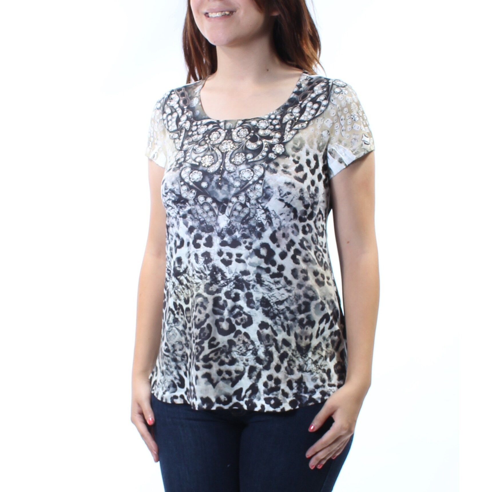 Shop Style Co Womens Black Rhinestone Animal Print Short Sleeve