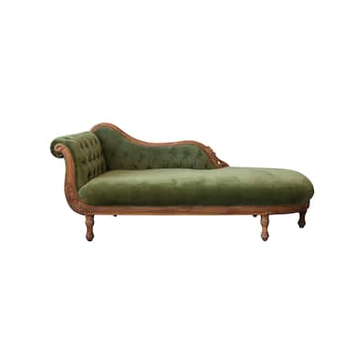 Cotton Velvet Chaise Lounge with Carved Wood Frame - 78.0"L x 32.0"W x 34.0"H