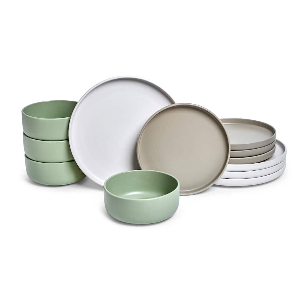 Sango Rollo Alta 12-Piece Stoneware Dinnerware Set, Sage/Sand/White- Microwave & Dishwasher Safe