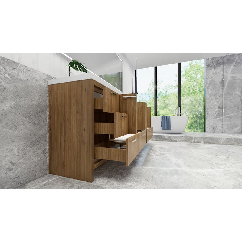 dolce 84 natural oak finish freestanding bath vanity with dual basin reinforced acrylic top