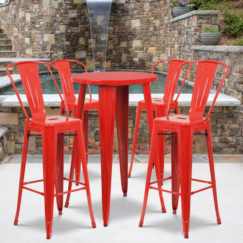 24'' Round Metal Indoor-Outdoor Bar Table Set with 4 Cafe Stools - 24"W x 24"D x 41"H