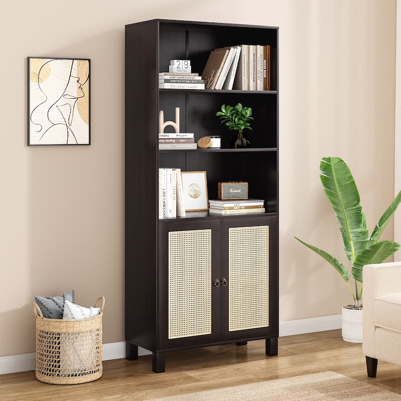 Tall Bookcase with Rattan Doors,5 Tier Storage Wood Shelves Large Bookshelf for Library Living Room Bedroom Home Office
