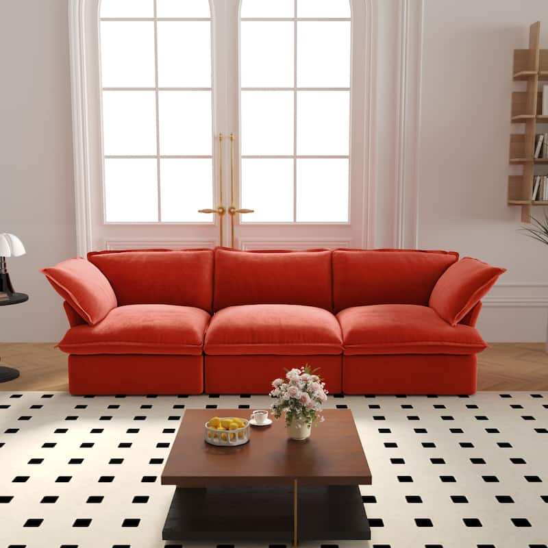 3-Seater Velvet Cloud Sectional Sofa, Down Feather Wide Deep Seat Modular Couch - Red