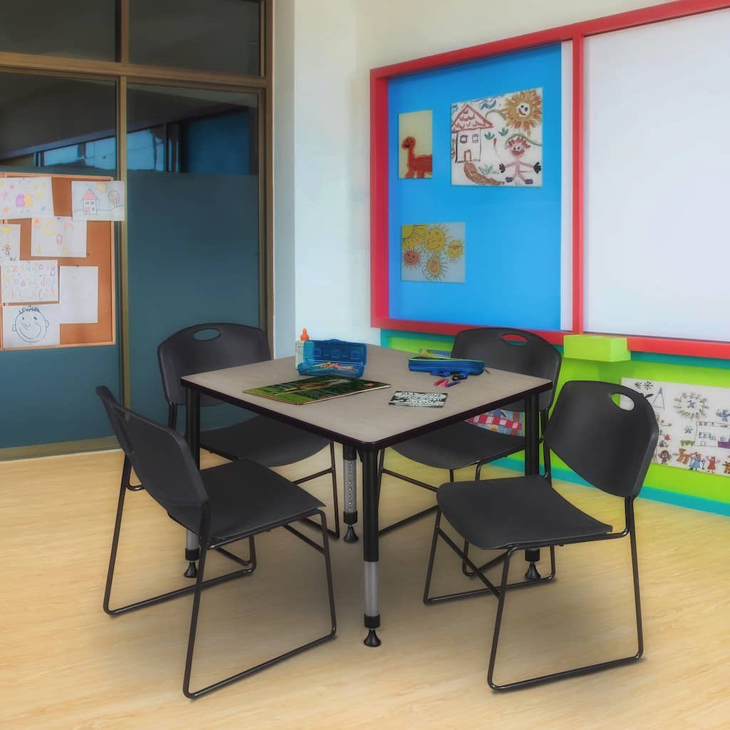 42 in. Square Height Adjustable Classroom Table - Maple & 4 Stack Chairs- Black