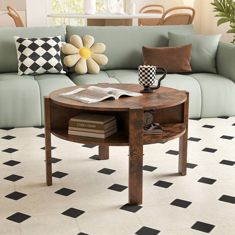 Gymax 29.5'' 2-Tier Round Coffee Table w/ Storage 4 Shelves Faux