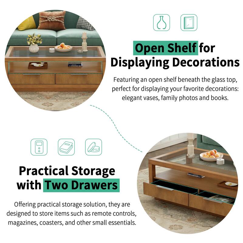 Coffee Table with Transparent Tempered Glass and 2 Drawers, Center Table with Open Storage Shelf