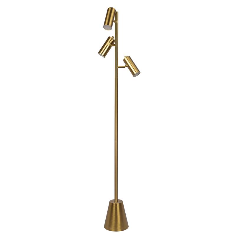 Brassed Gold Floor Lamp with Rotary Switch Triple Spots Metal Cone Base - Gold