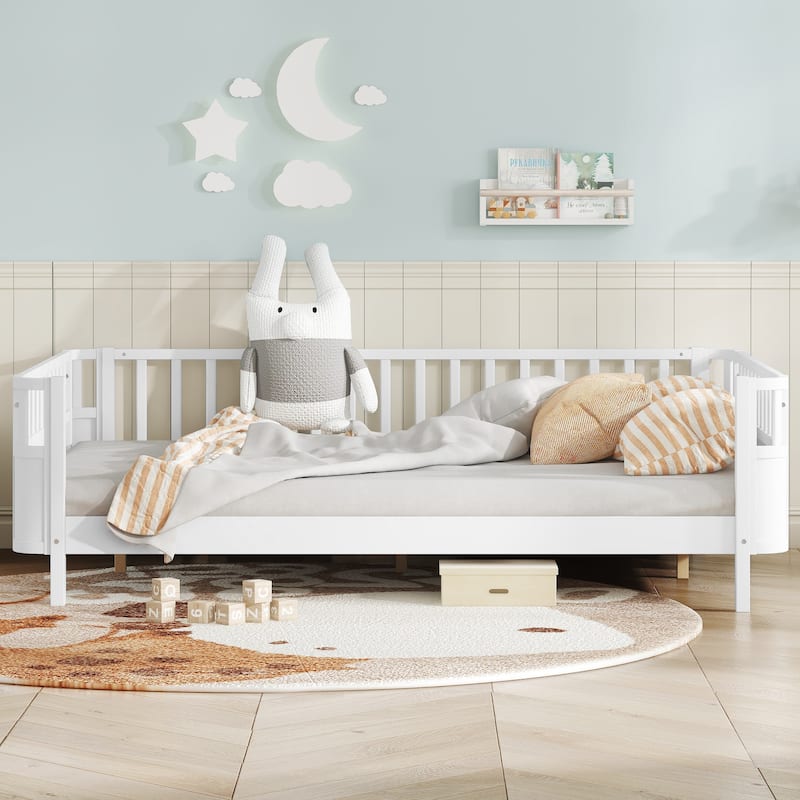 Multi Size Low Platform Bed for Kids with Rounded Corners Guardrails, Detachable Right-side Fence and Open Left-side Design