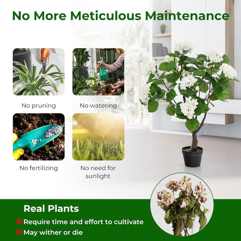 Gymax 2 Pack Artificial Hydrangea Tree Fake Floral Plant w/ 11 White