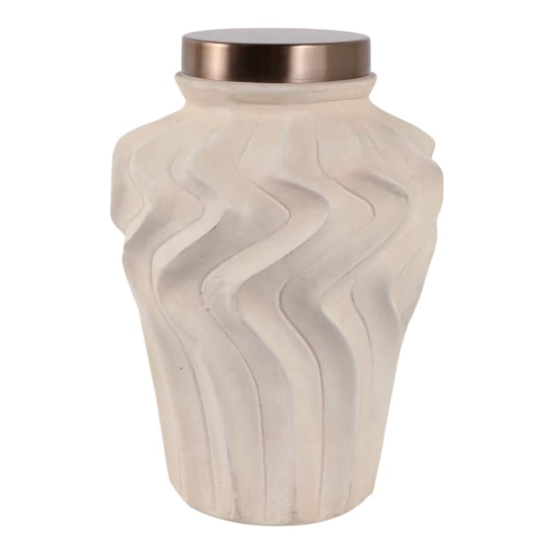 Pottery Jar Wavy Sculpted Tall with Metallic Lid Decorative Accent