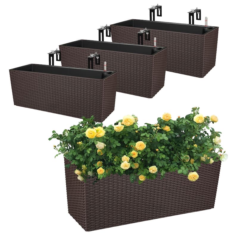 Aoodor 4Pcs 19.5" Rectangular Window/Railing Planter Box, Self Watering Planter for Balcony Porch Fence Patio - 19.5''×7.2'' - Coffee
