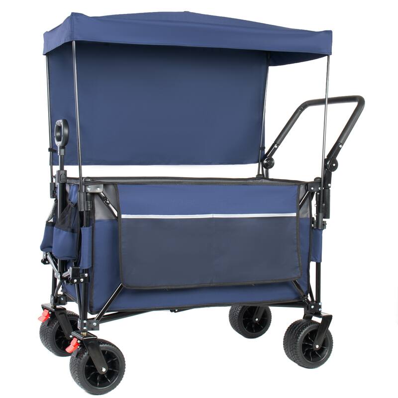 Multi-Functional Push-Pull Folding Wagon Cart with Rotating Handle & Canopy,7"x4"All-Terrain Wheels & Brakes,300L Large Capacity - Blue/Grey