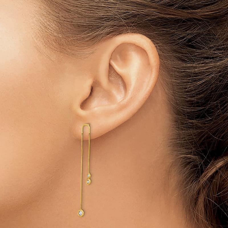 Curata 14k Yellow Gold Polished CZ Cubic Zirconia Double Chain Dangle Post Earrings - 49.55x4.65mm Wi
