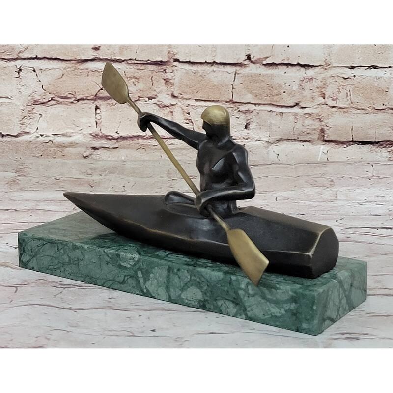 Hot Cast Canoeing Trophy Bronze Sculpture By Mario Nick Green Marble Base Figure