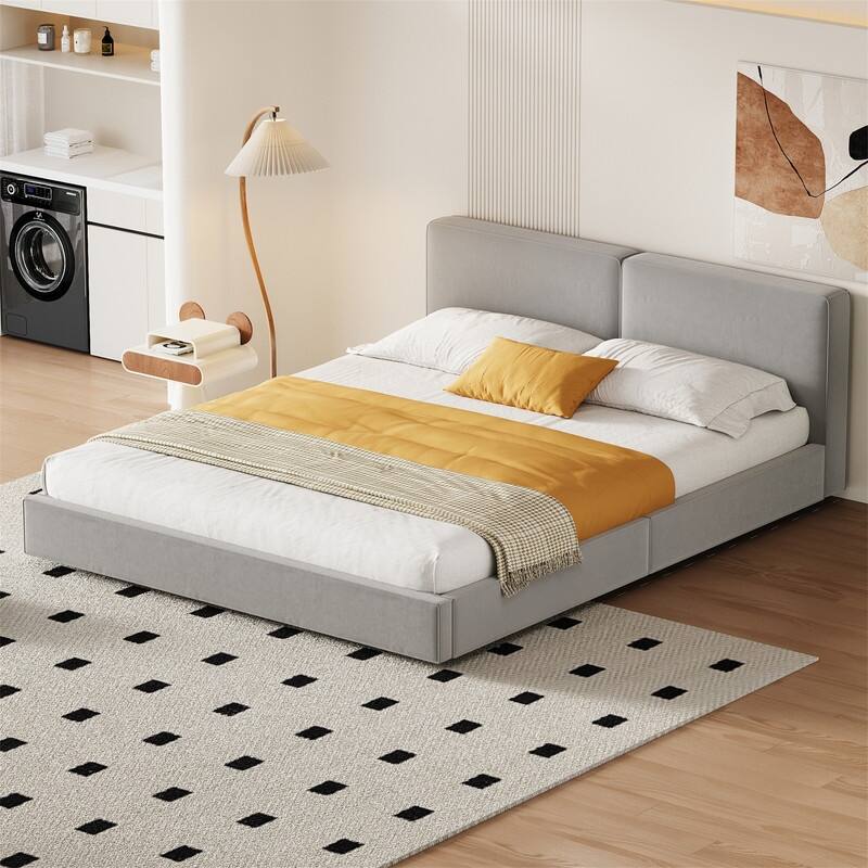Queen Size Upholstered Platform Bed with Solid Frame and Headboard, Velvet Grounded Bed with Slats Support - Grey