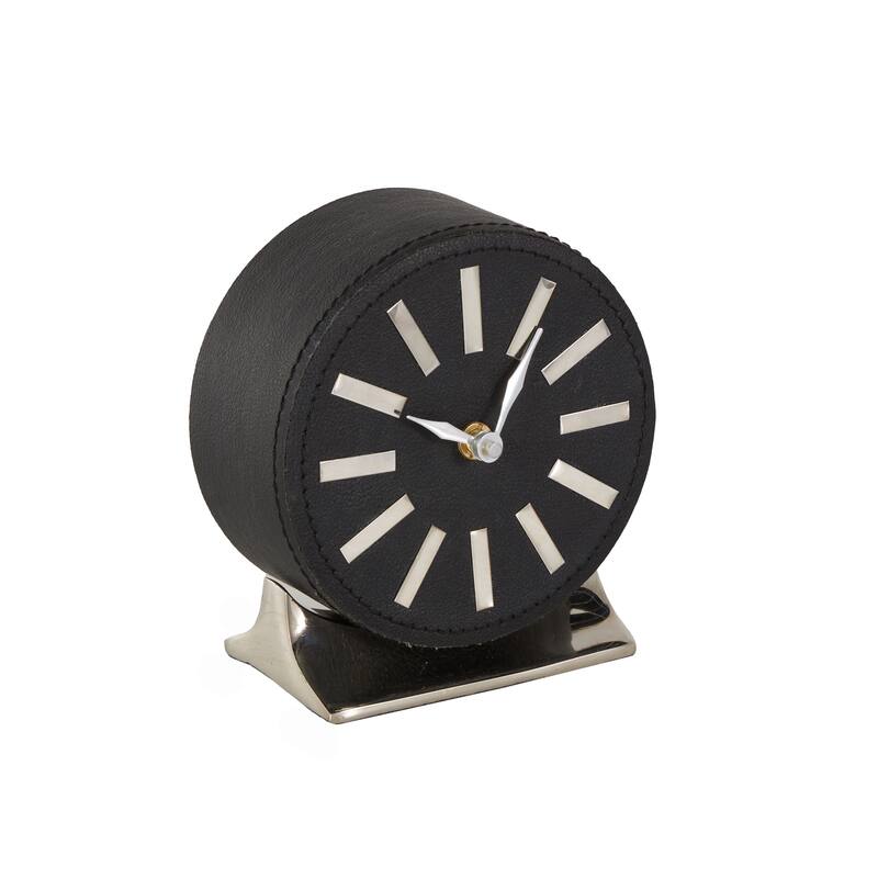 Faux Leather Round Decorative Clock with Gold Rectangular Base - Brown or Black - Roche River Decor