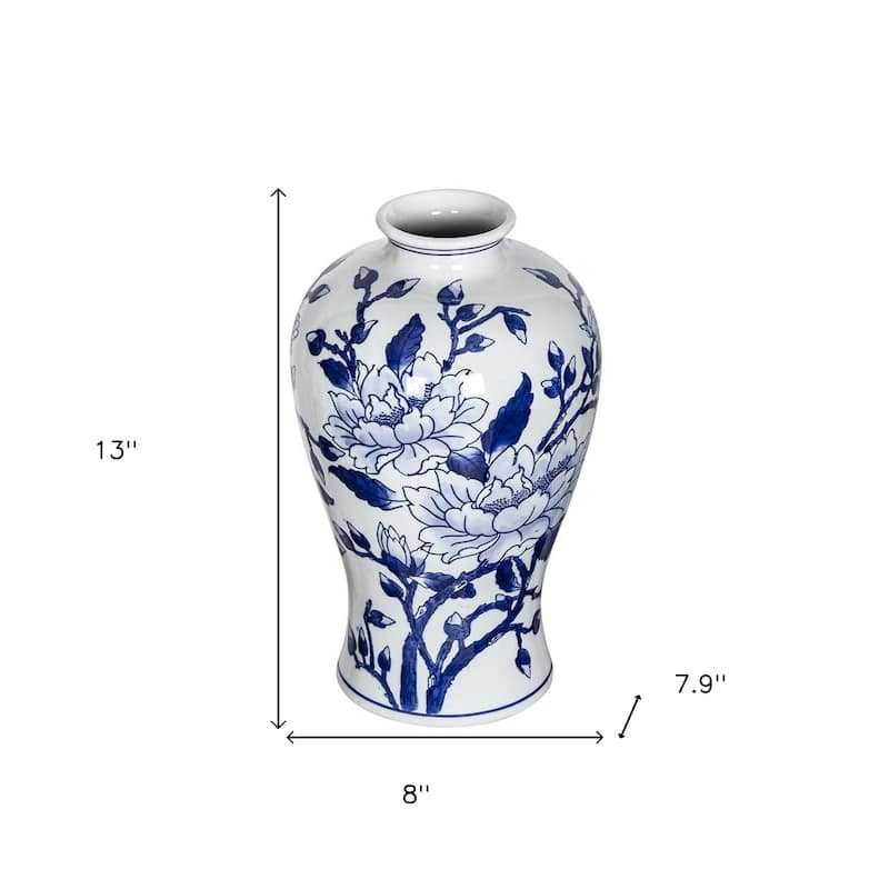 13" Blue And White Floral Chinoiserie Round Porcelain Table Vase - 8.00
