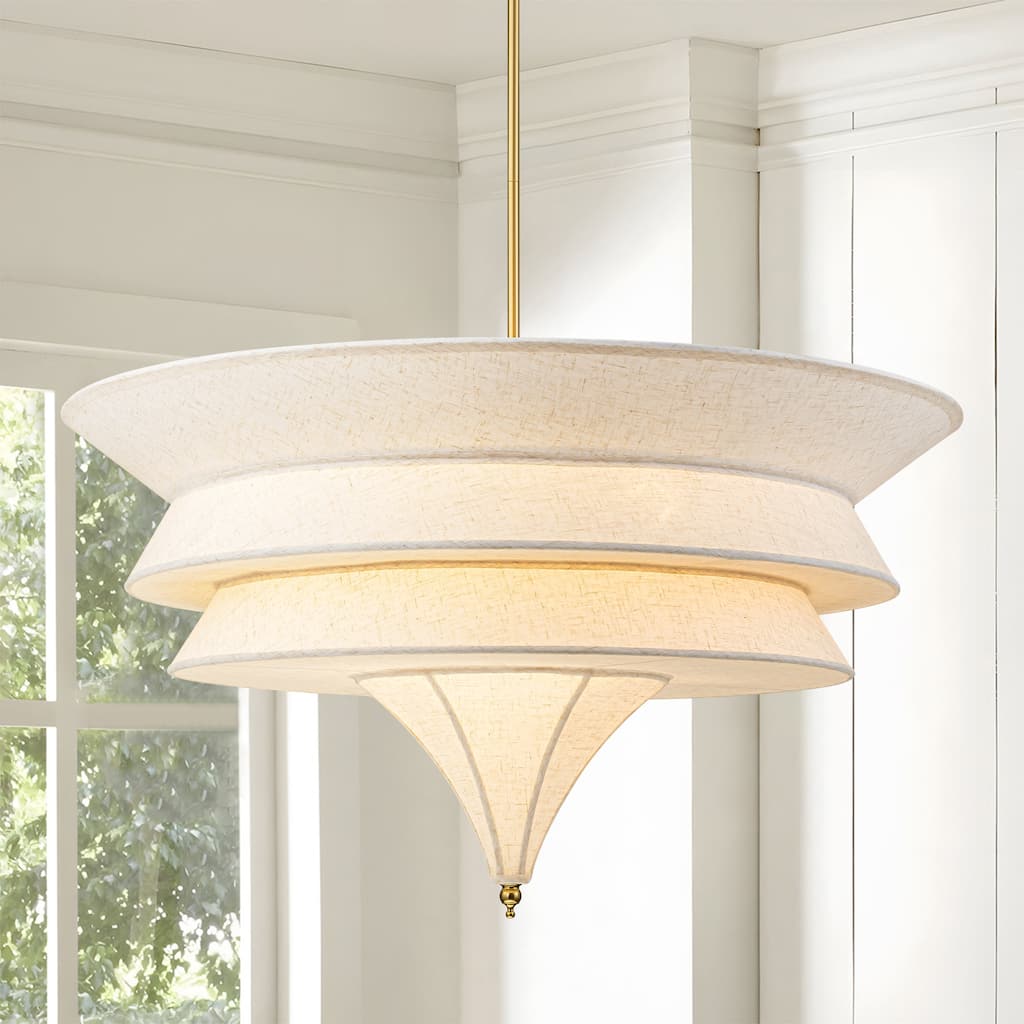 5-Light Mid-Century Modern Brass Chandelier for Dining Room&Living Room - Four-Layer Textured Fabric Shade - 5 Light