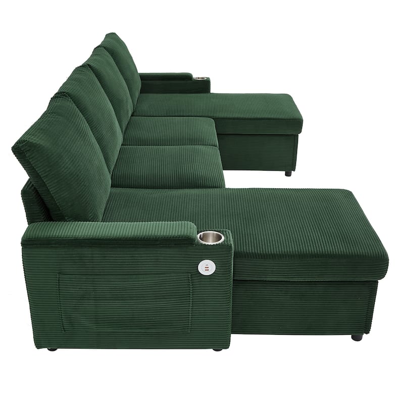 Convertible Sofa Bed with Pull Out Bed, U-Shaped Sectional Sofa with Dual Storage Chaise Lounges, USB Ports & Cup Holders