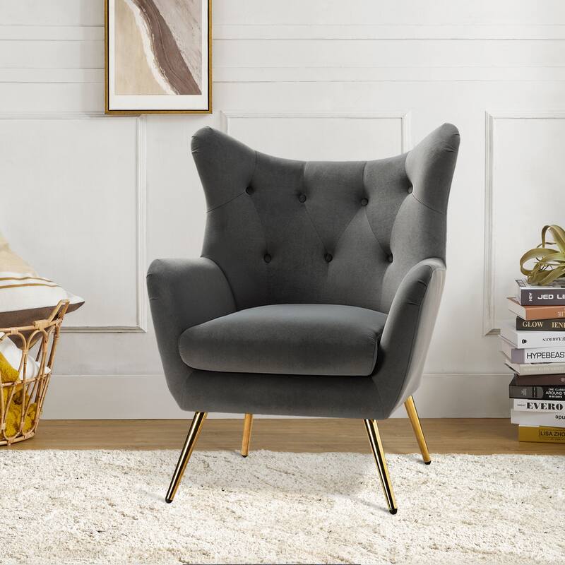 Eusebio Tufted Velvet Accent Chair with Wingback, Arms, and Metal Gold Legs for Living Room or Bedroom by HULALA HOME