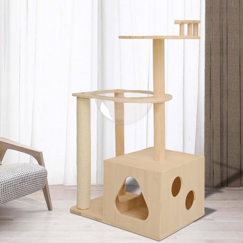 Solid Wood Cat Tower Cat Tree Cat Condo With Space Capsule Nest Cat Furniture Activity Centre