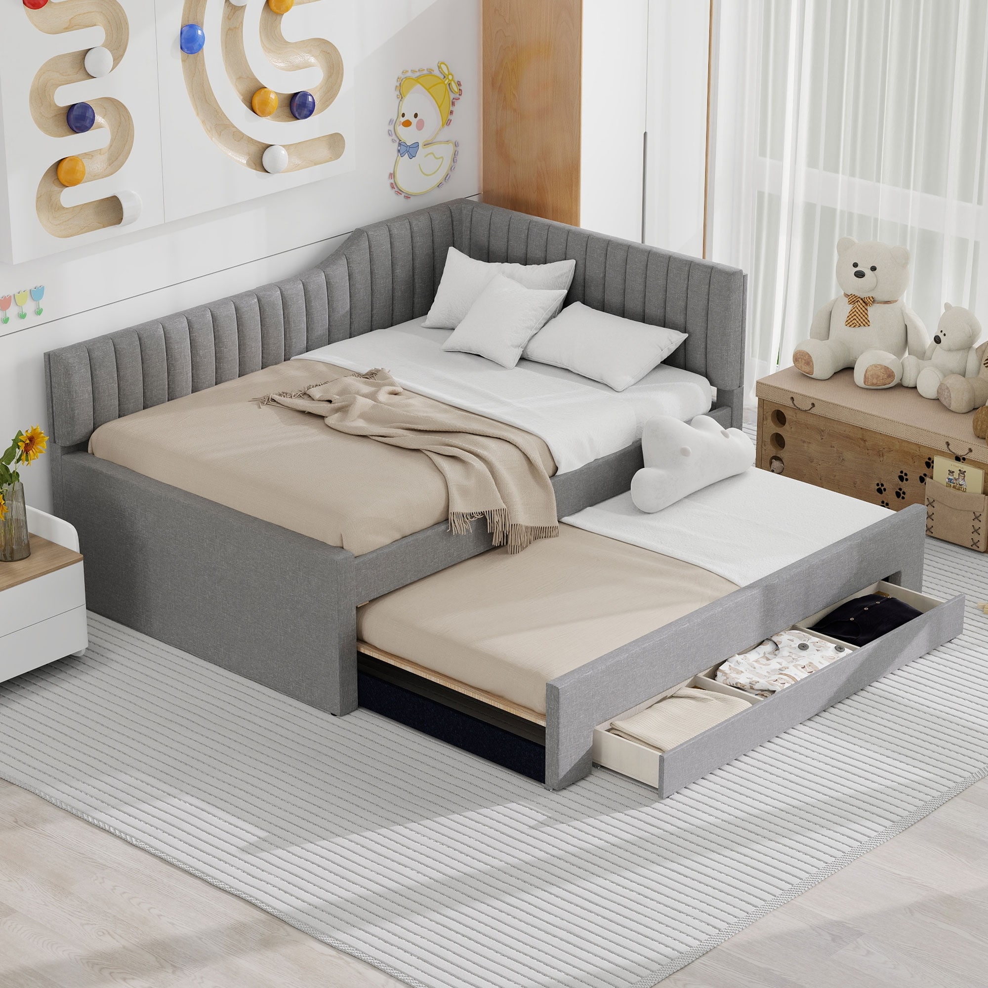 Full Size Upholstered Daybed with Trundle and Three Drawers