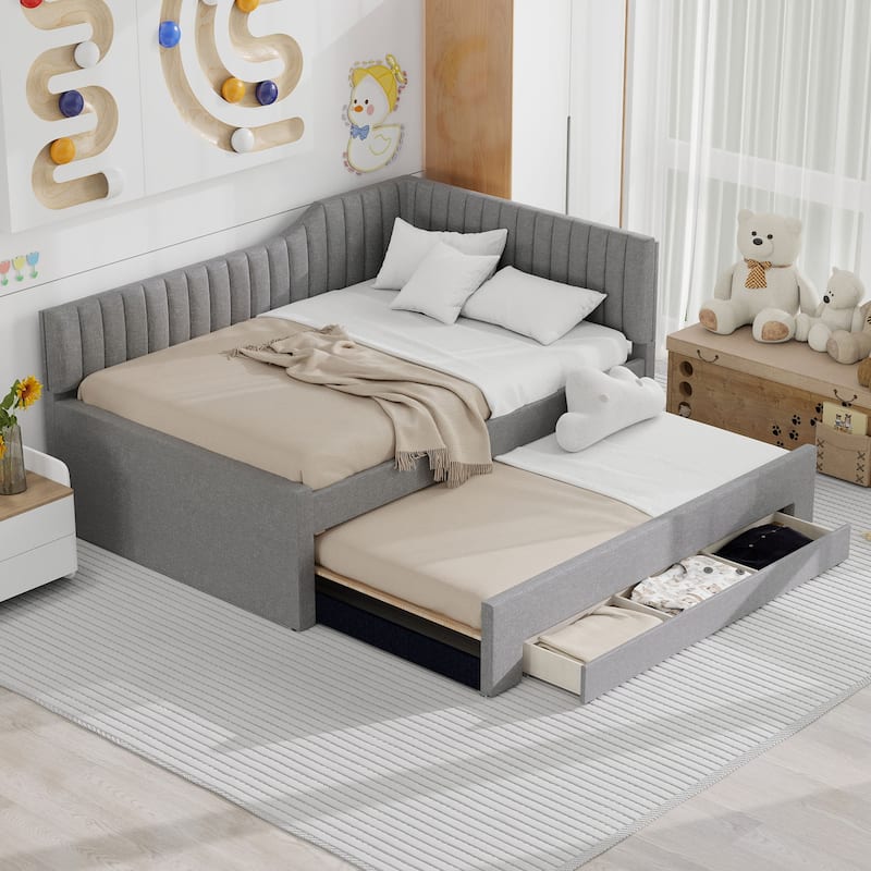 Roomfitters Twin/Full Size Upholstered Daybed with Trundle and Triple Storage Drawers - Grey - Full