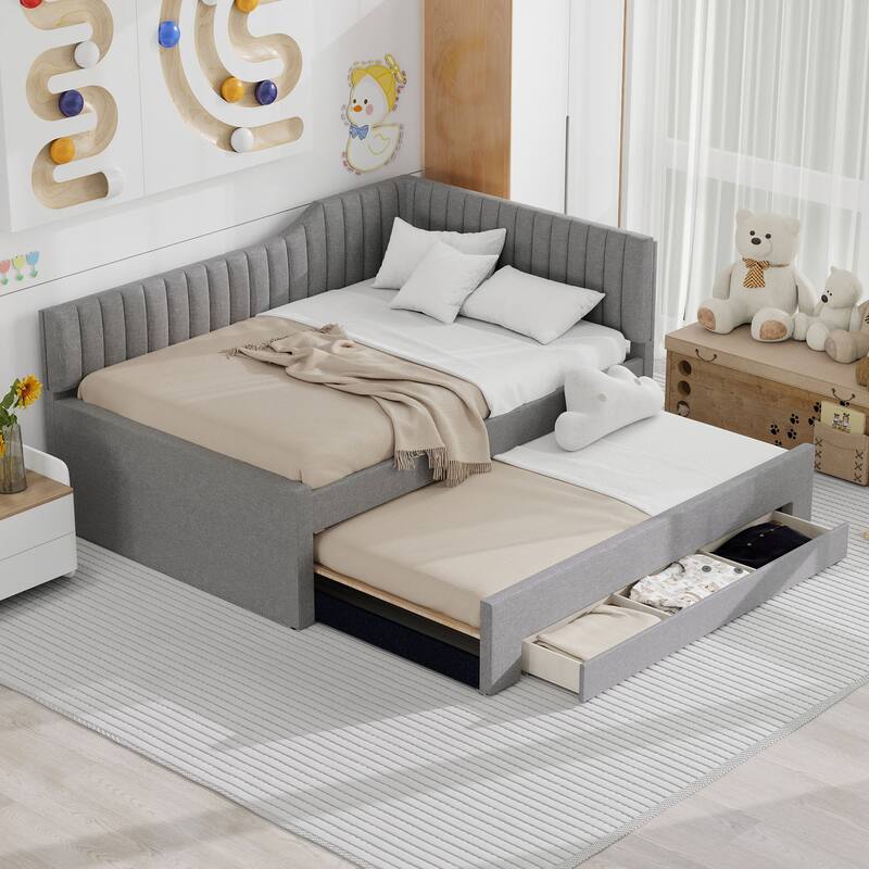 Upholstered Linen Bed Frame, Full Size Daybed with Pull-out Trundle and Storage Three Drawers for Bedroom/Apartment