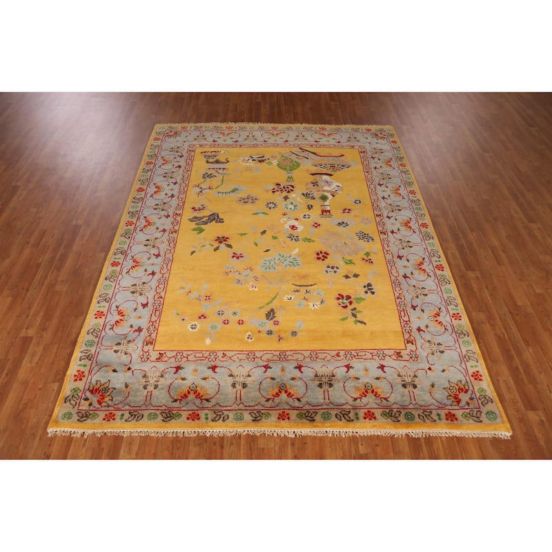 Floral Yellow Heriz Serapi Indian Area Rug Hand-Knotted Wool Carpet - 7'9" x 9'11"